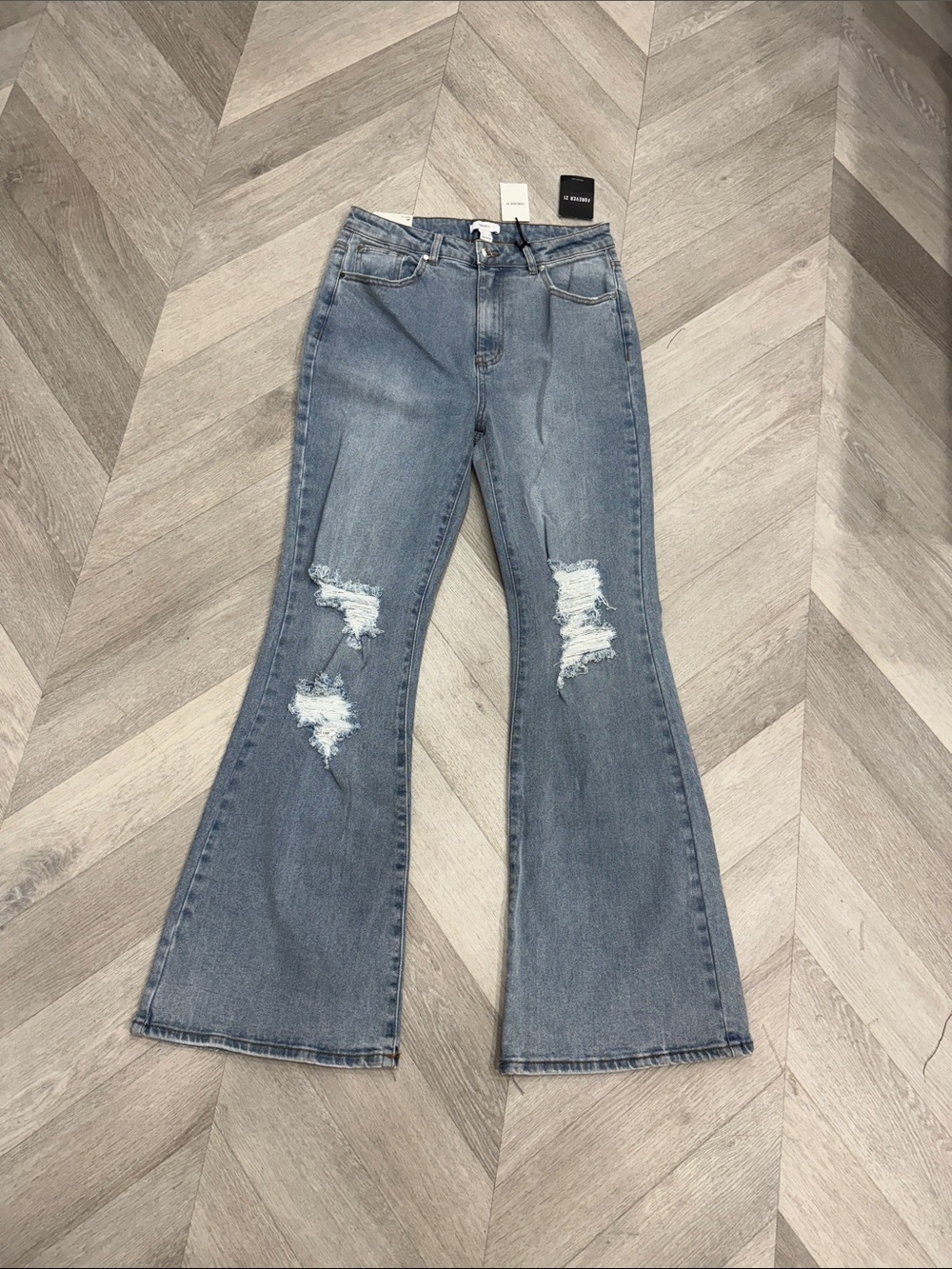 Forever 21 Washed Blue Distressed Flare Jeans